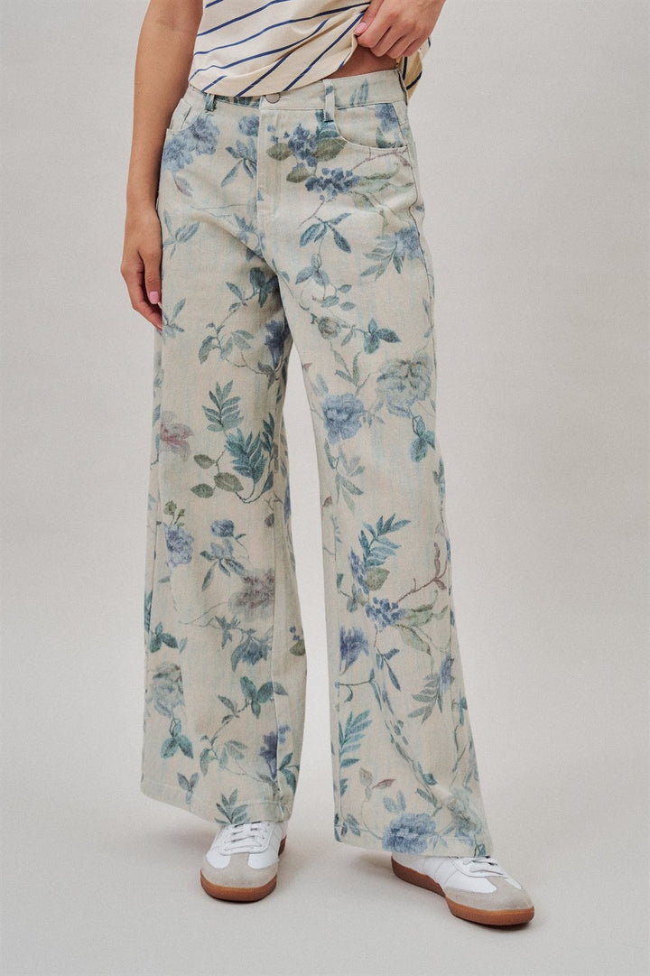 Boho Western Wide Leg Cotton Pants in Faded Blue Floral  in Cream Blue - Women's Wholesale Pants | Trend Notes