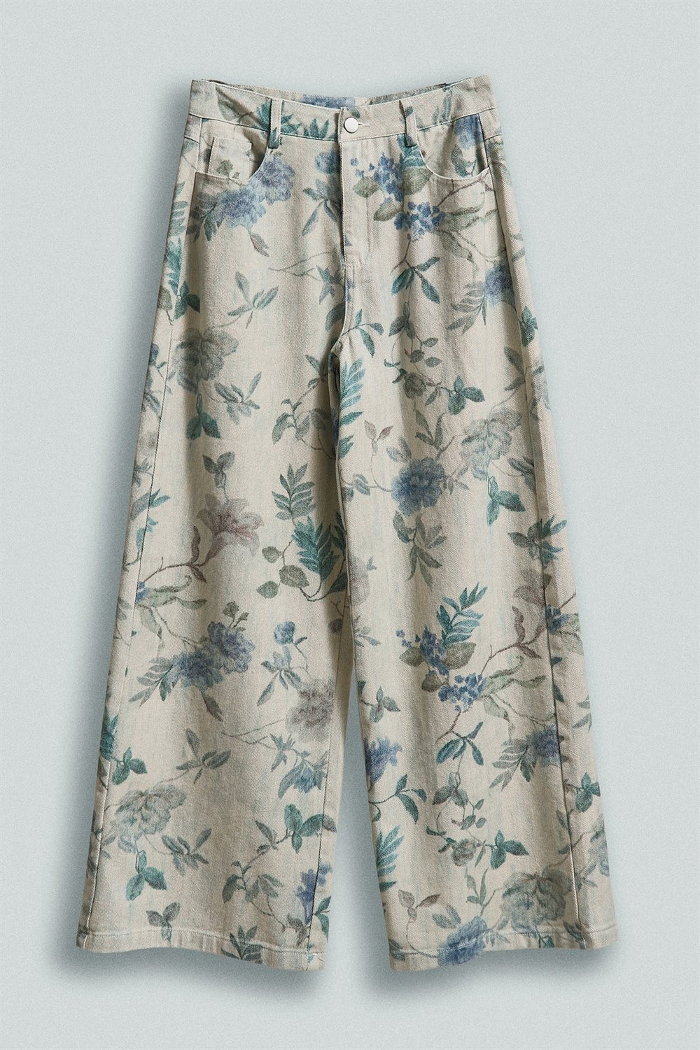 Boho Western Wide Leg Cotton Pants in Faded Blue Floral  in Cream Blue - Women's Wholesale Pants | Trend Notes