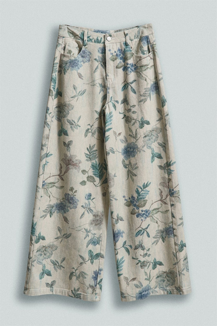 Boho Western Wide Leg Cotton Pants in Faded Blue Floral  in Cream Blue - Women's Wholesale Pants | Trend Notes