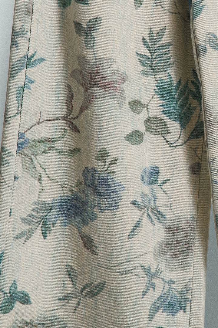 Boho Western Wide Leg Cotton Pants in Faded Blue Floral  in Cream Blue - Women's Wholesale Pants | Trend Notes