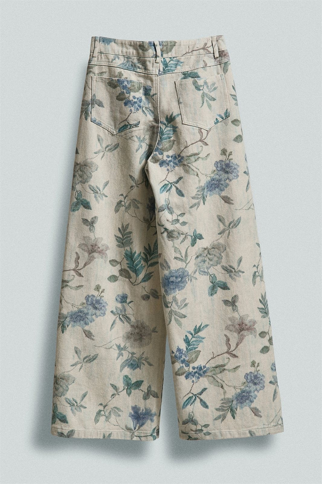 Boho Western Wide Leg Cotton Pants in Faded Blue Floral  in Cream Blue - Women's Wholesale Pants | Trend Notes