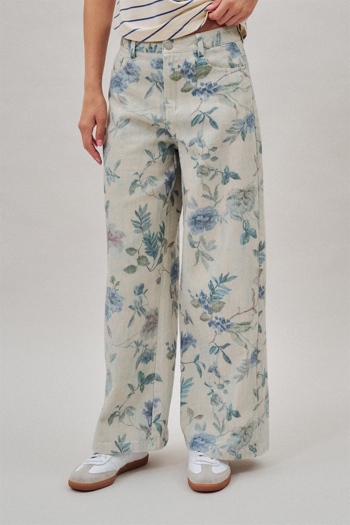 Boho Western Wide Leg Cotton Pants in Faded Blue Floral  in Cream Blue - Women's Wholesale Pants | Trend Notes