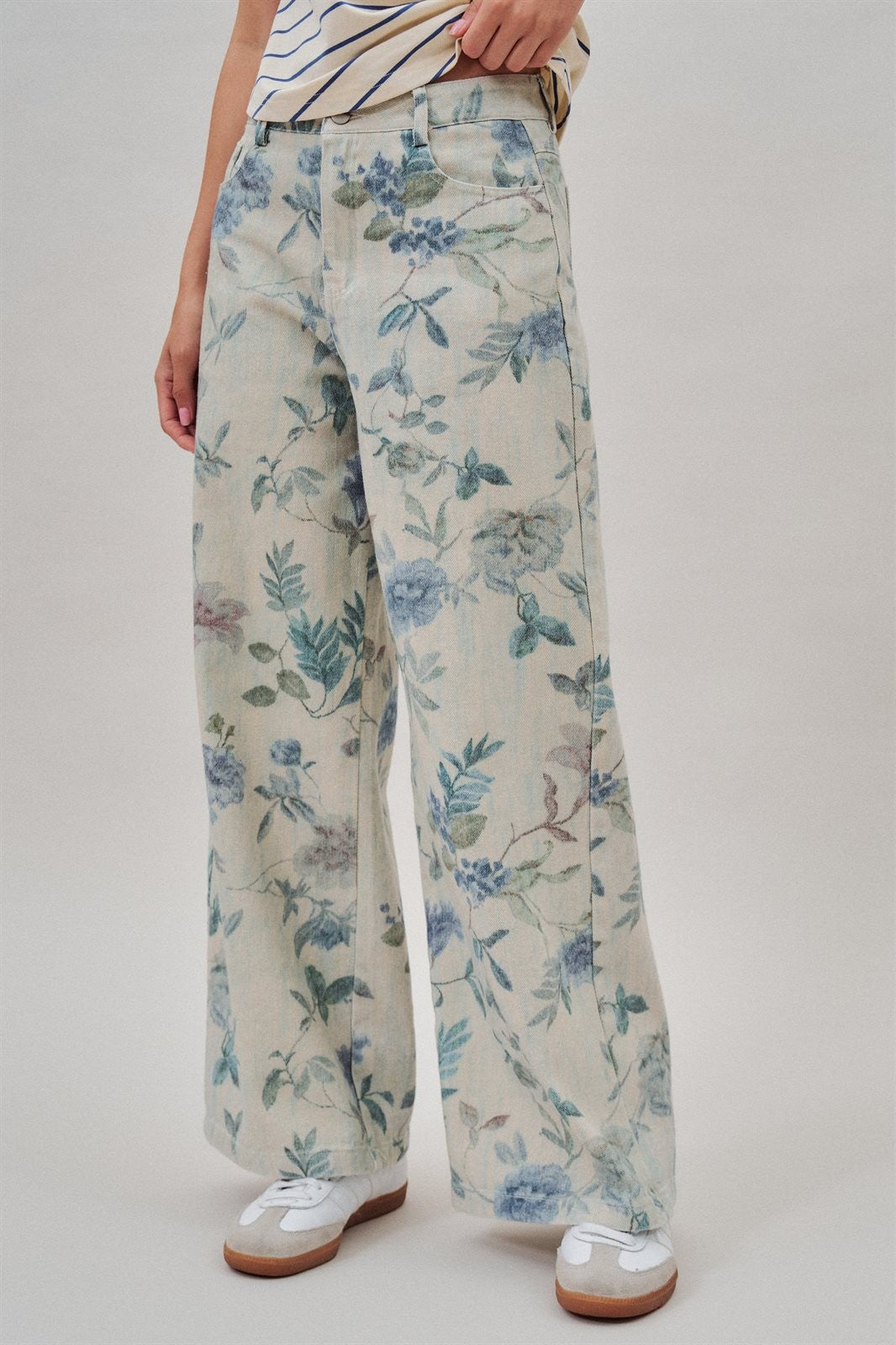 Boho Western Wide Leg Cotton Pants in Faded Blue Floral  in Cream Blue - Women's Wholesale Pants | Trend Notes