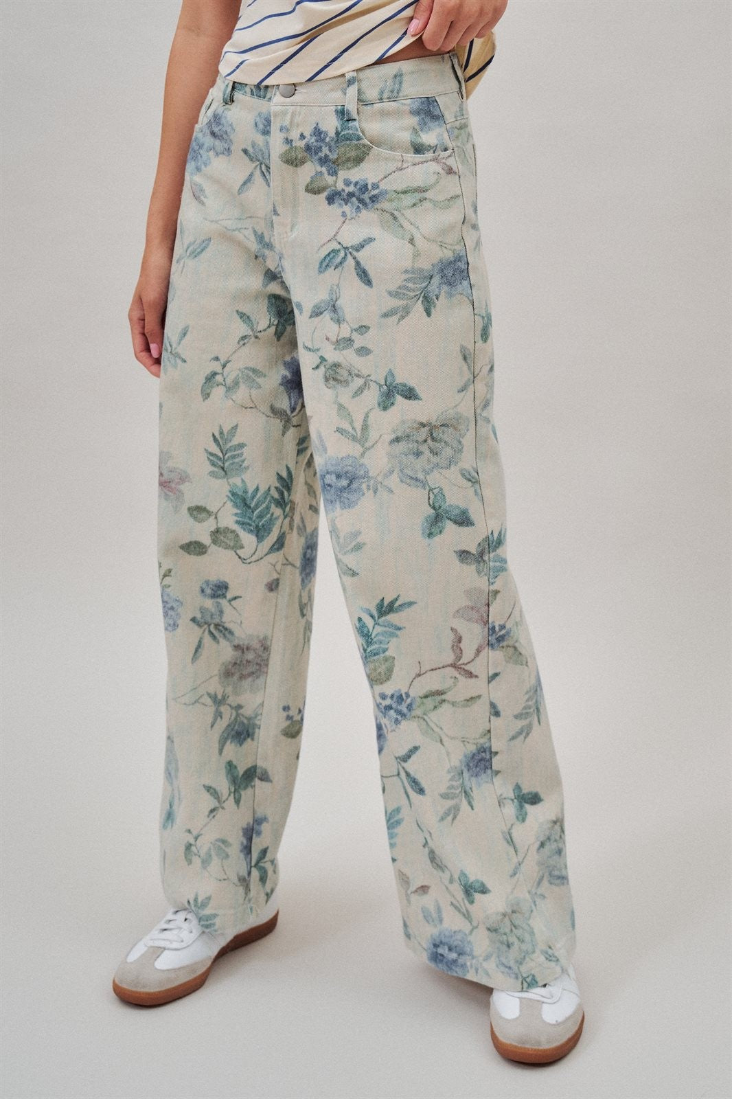 Boho Western Wide Leg Cotton Pants in Faded Blue Floral  in Cream Blue - Women's Wholesale Pants | Trend Notes