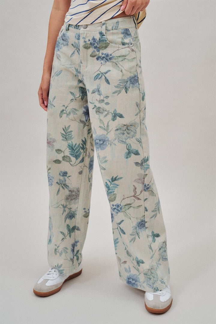 Boho Western Wide Leg Cotton Pants in Faded Blue Floral  in Cream Blue - Women's Wholesale Pants | Trend Notes