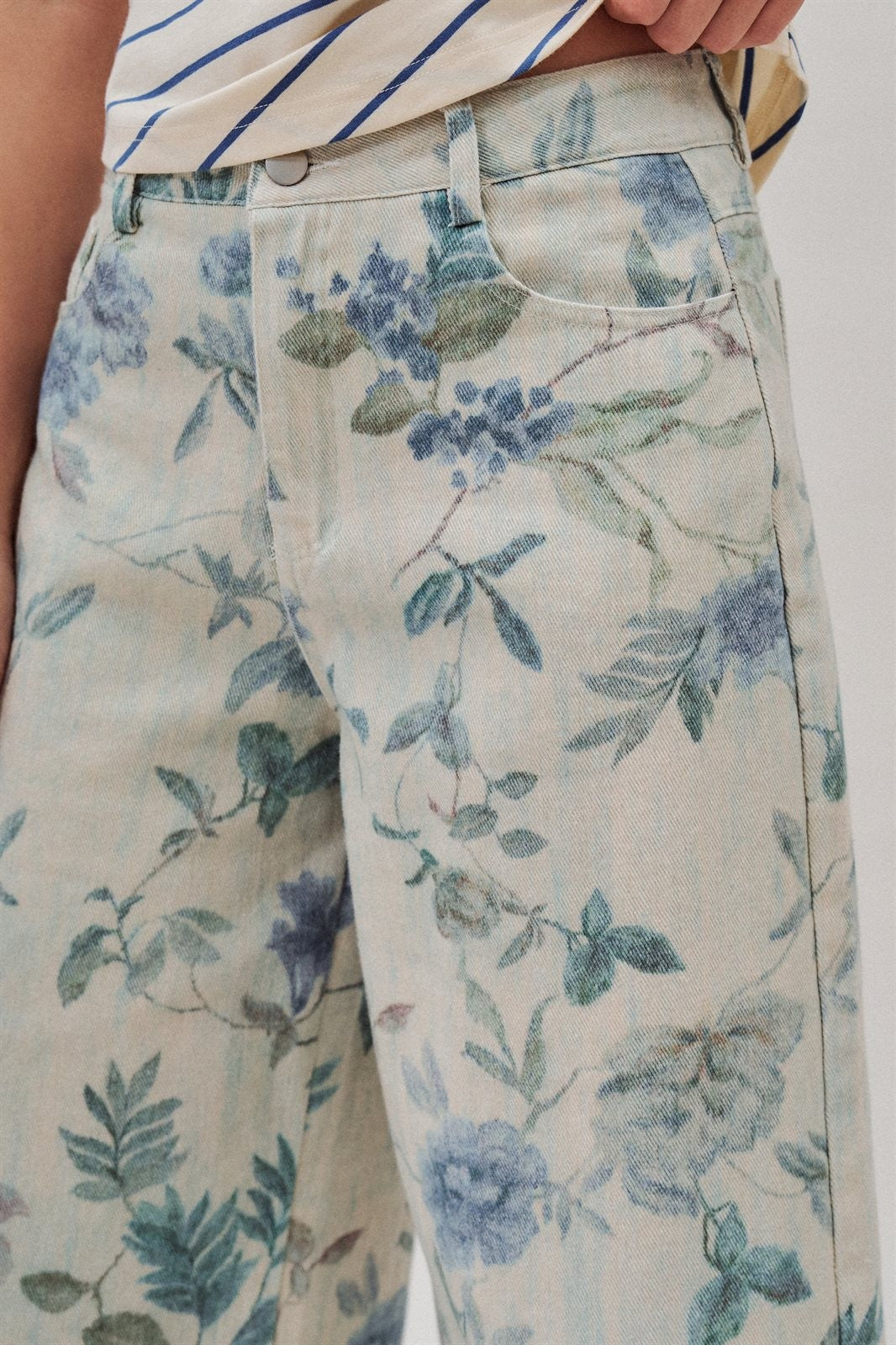 Boho Western Wide Leg Cotton Pants in Faded Blue Floral  in Cream Blue - Women's Wholesale Pants | Trend Notes