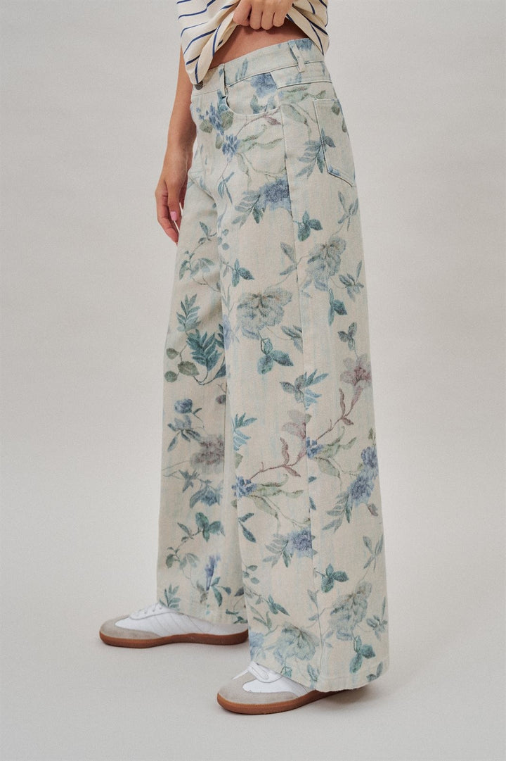 Boho Western Wide Leg Cotton Pants in Faded Blue Floral  in Cream Blue - Women's Wholesale Pants | Trend Notes