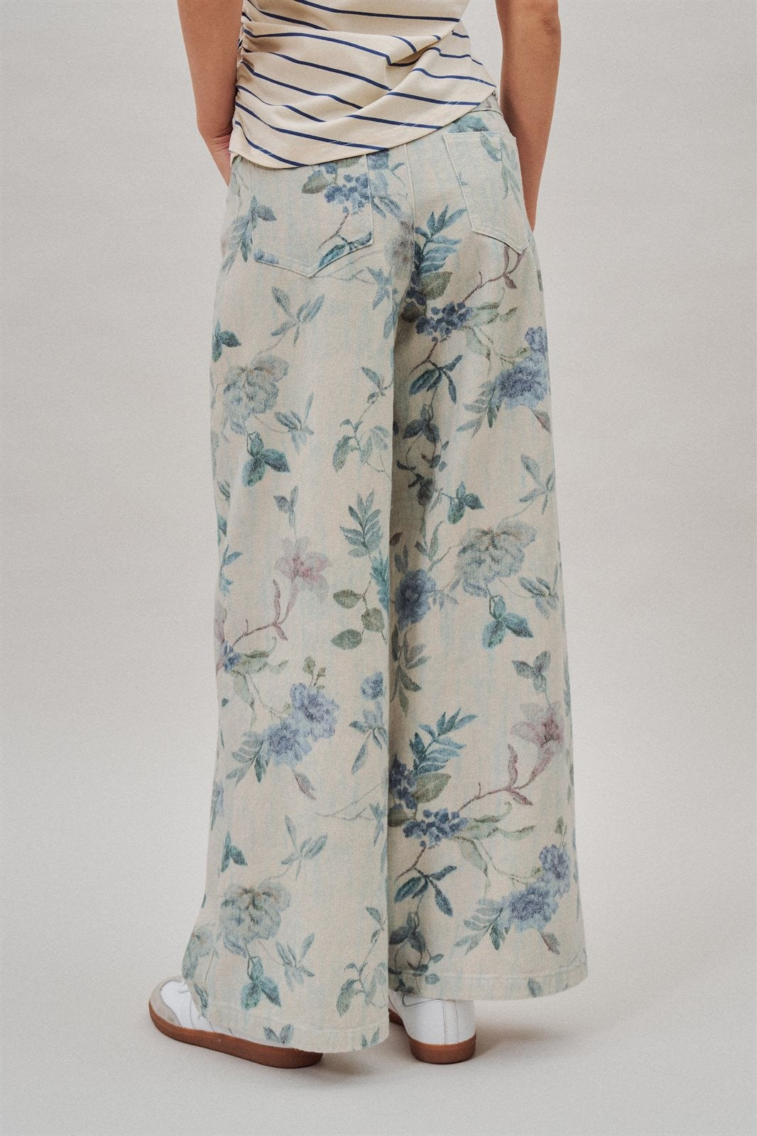 Boho Western Wide Leg Cotton Pants in Faded Blue Floral  in Cream Blue - Women's Wholesale Pants | Trend Notes
