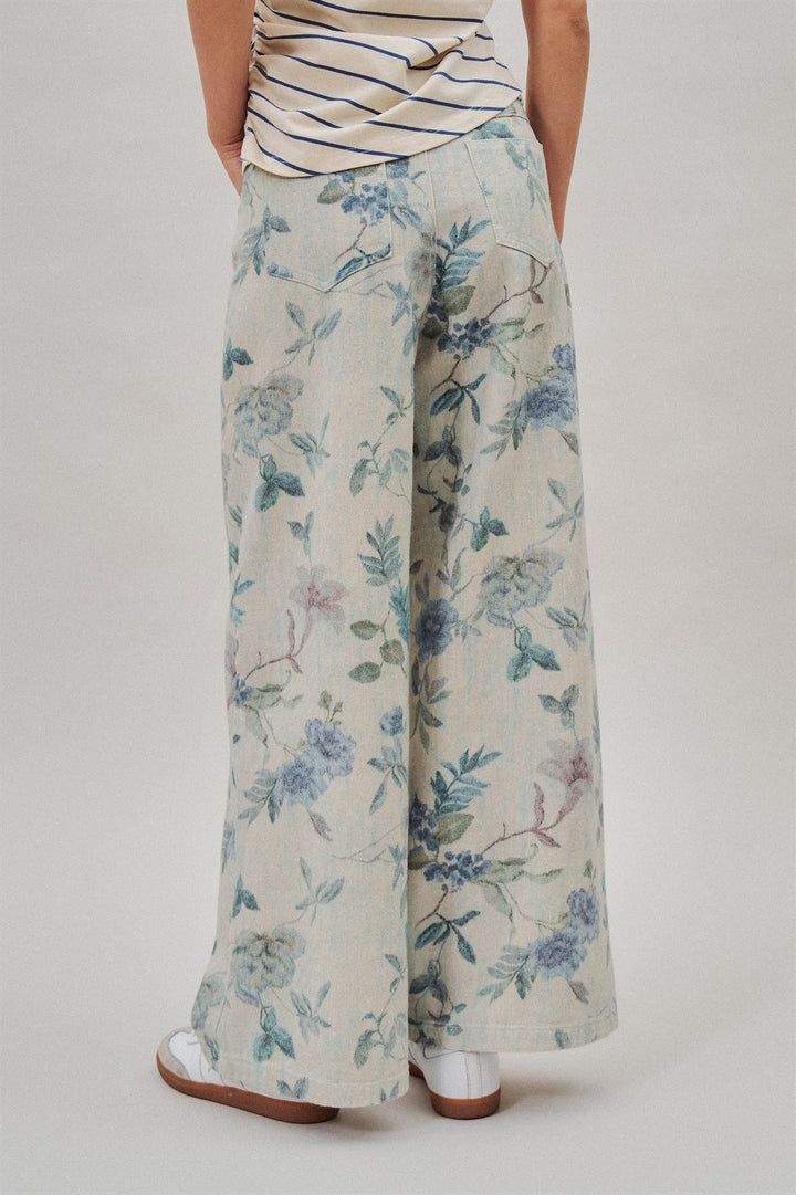 Boho Western Wide Leg Cotton Pants in Faded Blue Floral  in Cream Blue - Women's Wholesale Pants | Trend Notes