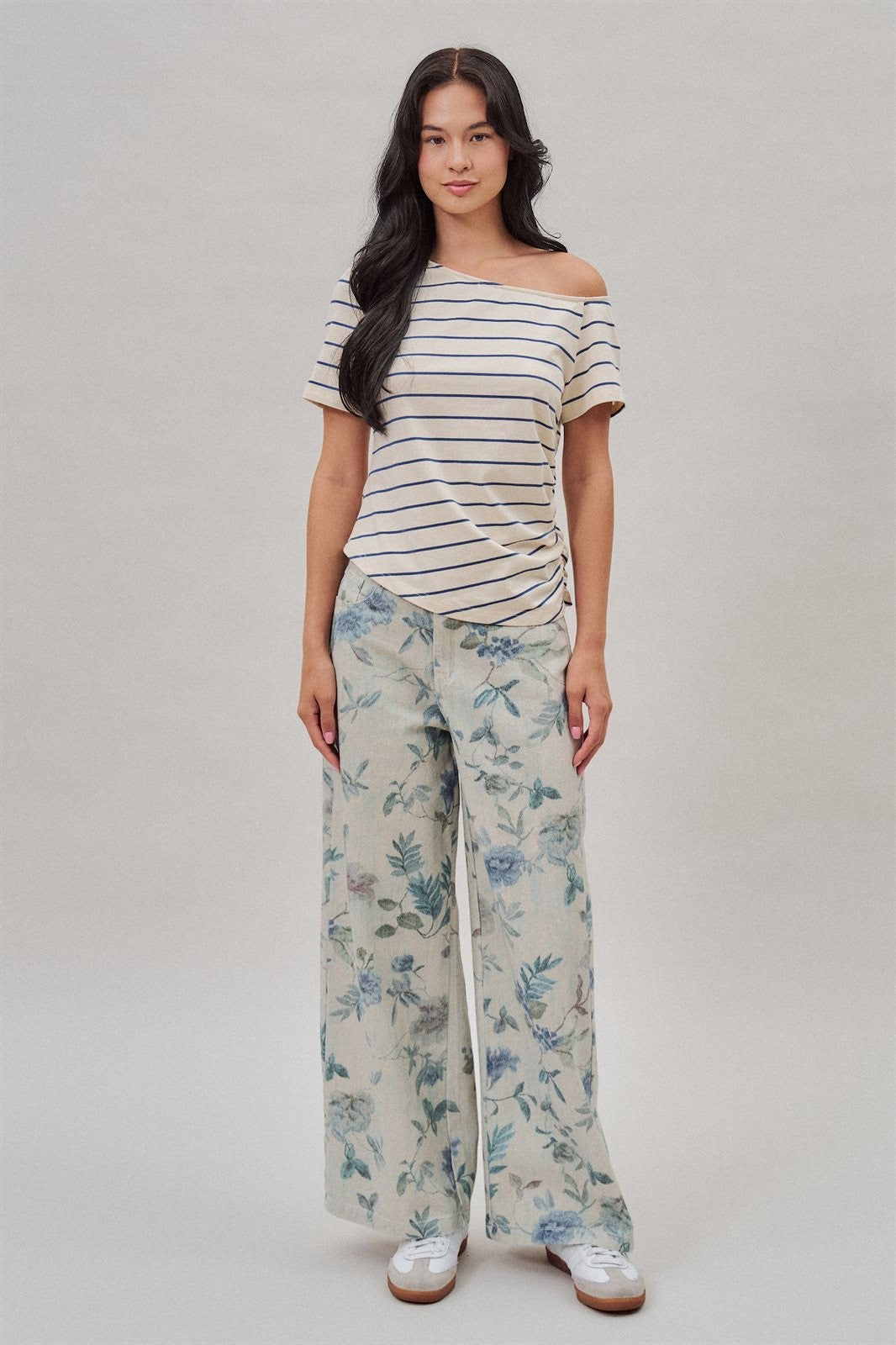 Boho Western Wide Leg Cotton Pants in Faded Blue Floral  in Cream Blue - Women's Wholesale Pants | Trend Notes