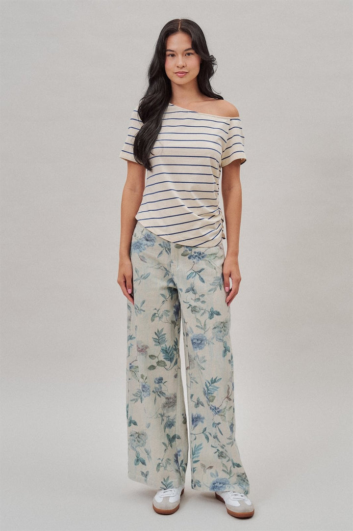 Boho Western Wide Leg Cotton Pants in Faded Blue Floral  in Cream Blue - Women's Wholesale Pants | Trend Notes
