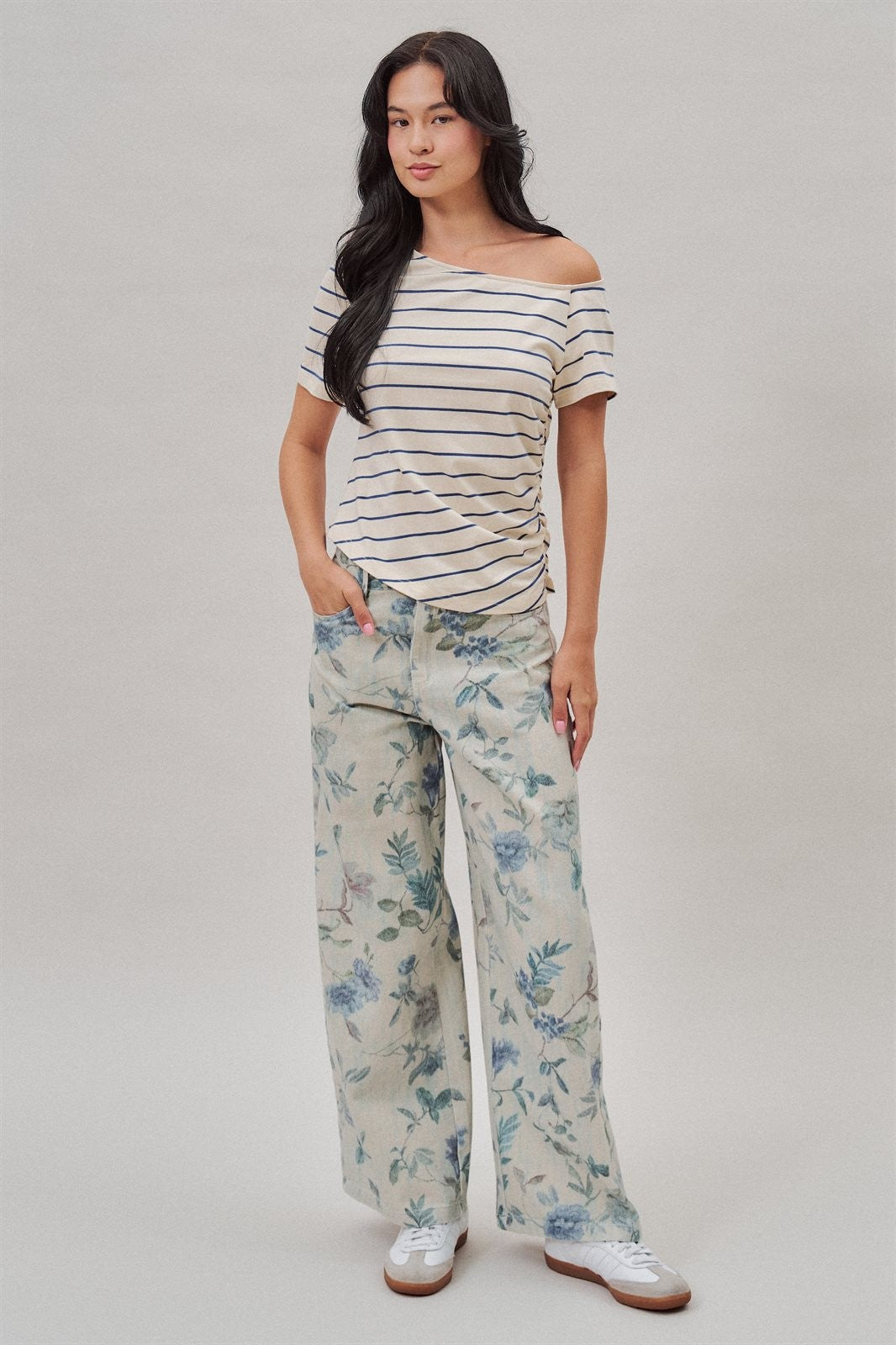 Boho Western Wide Leg Cotton Pants in Faded Blue Floral  in Cream Blue - Women's Wholesale Pants | Trend Notes