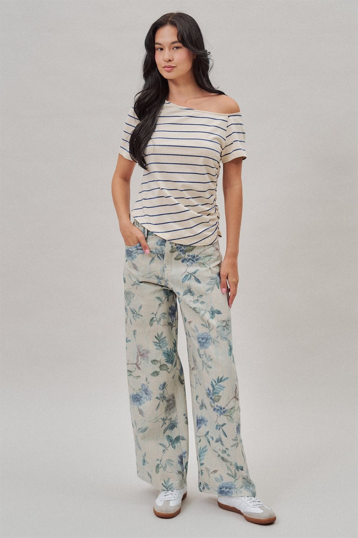 Boho Western Wide Leg Cotton Pants in Faded Blue Floral  in Cream Blue - Women's Wholesale Pants | Trend Notes