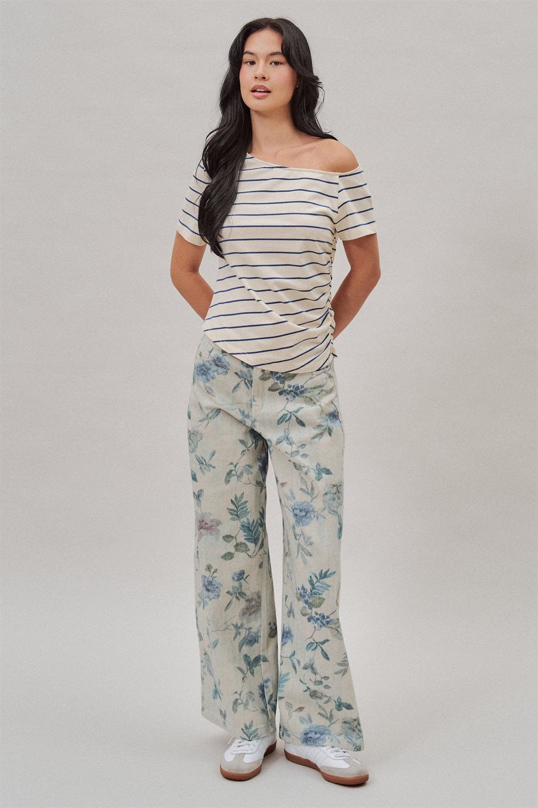 Boho Western Wide Leg Cotton Pants in Faded Blue Floral  in Cream Blue - Women's Wholesale Pants | Trend Notes
