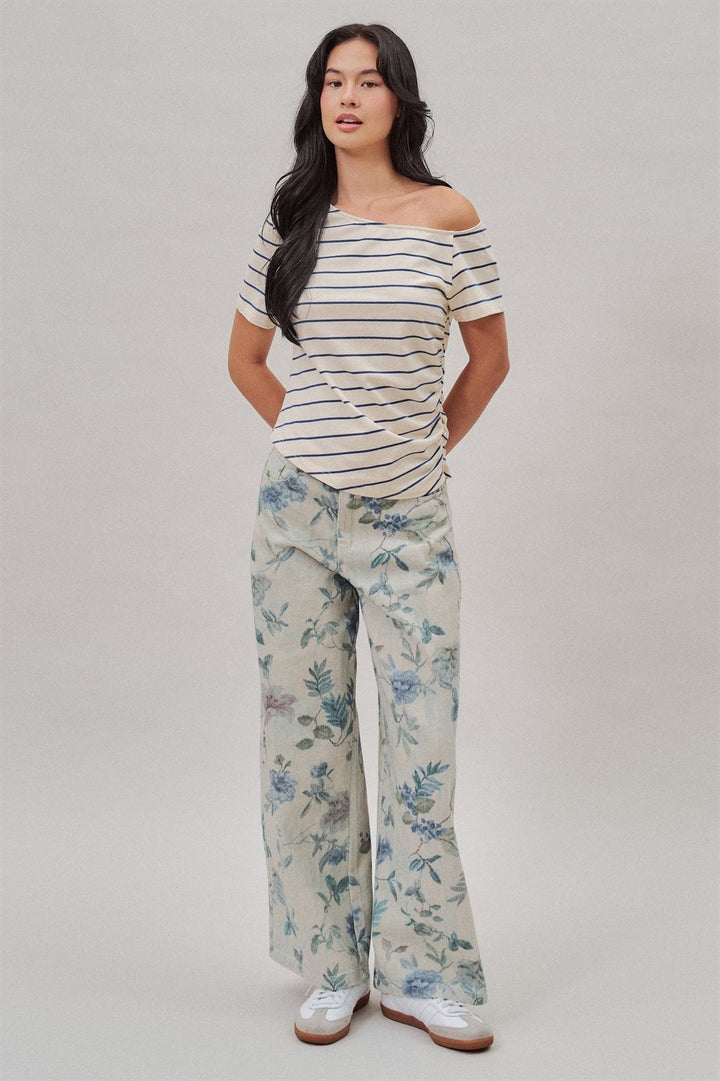 Boho Western Wide Leg Cotton Pants in Faded Blue Floral  in Cream Blue - Women's Wholesale Pants | Trend Notes