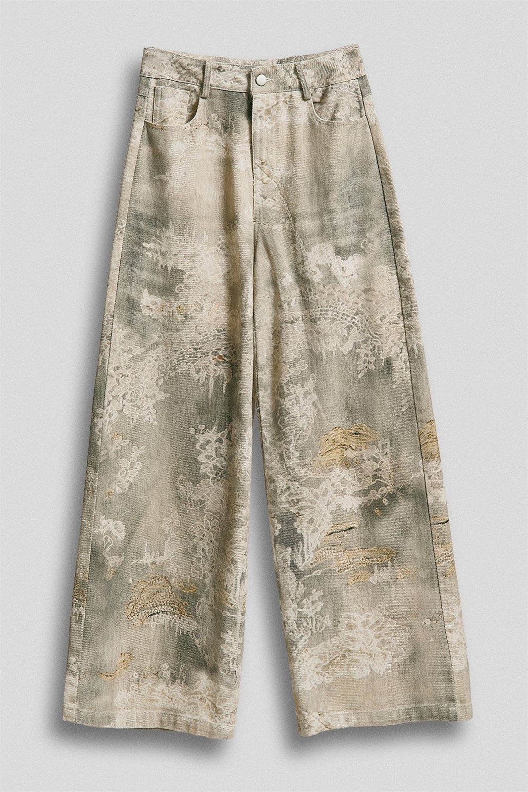 Wide Leg Cotton Pants in Faded Vintage Lace Print in Cream Green - Women's Wholesale Pants | Trend Notes
