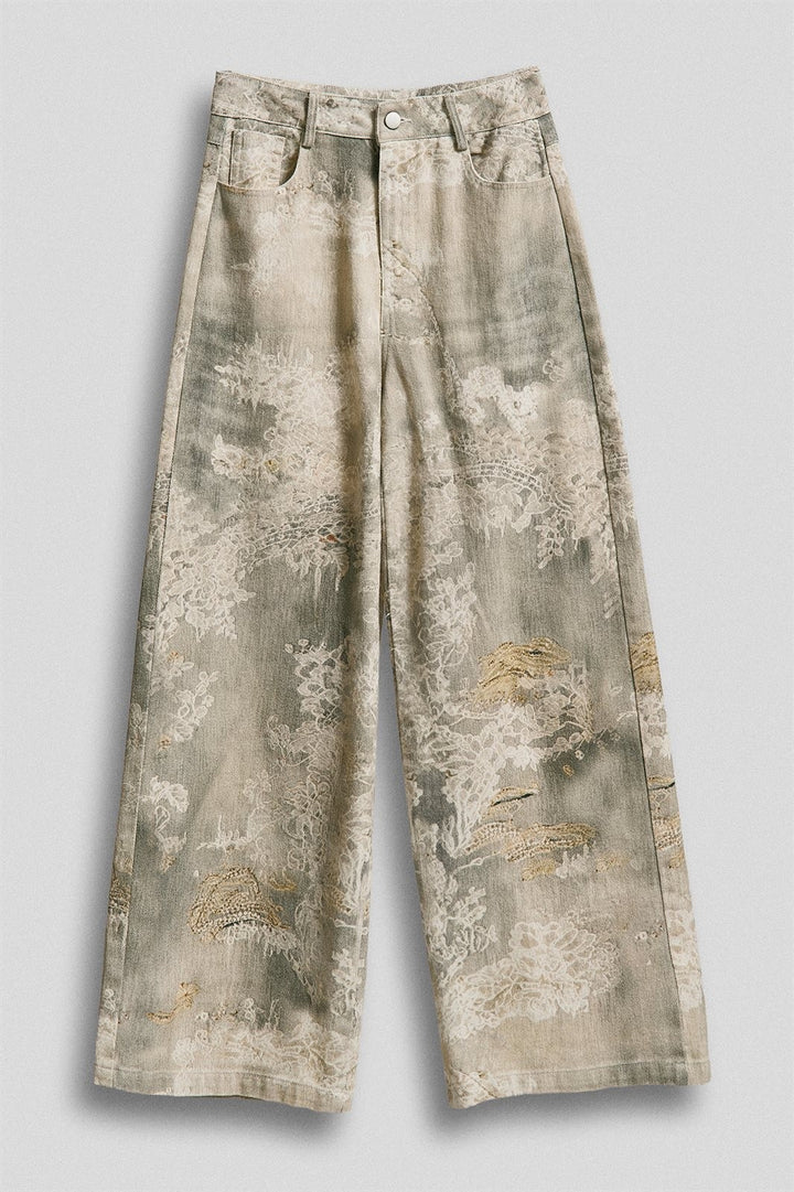 Wide Leg Cotton Pants in Faded Vintage Lace Print in Cream Green - Women's Wholesale Pants | Trend Notes