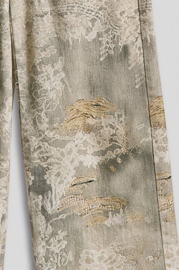 Wide Leg Cotton Pants in Faded Vintage Lace Print in Cream Green - Women's Wholesale Pants | Trend Notes