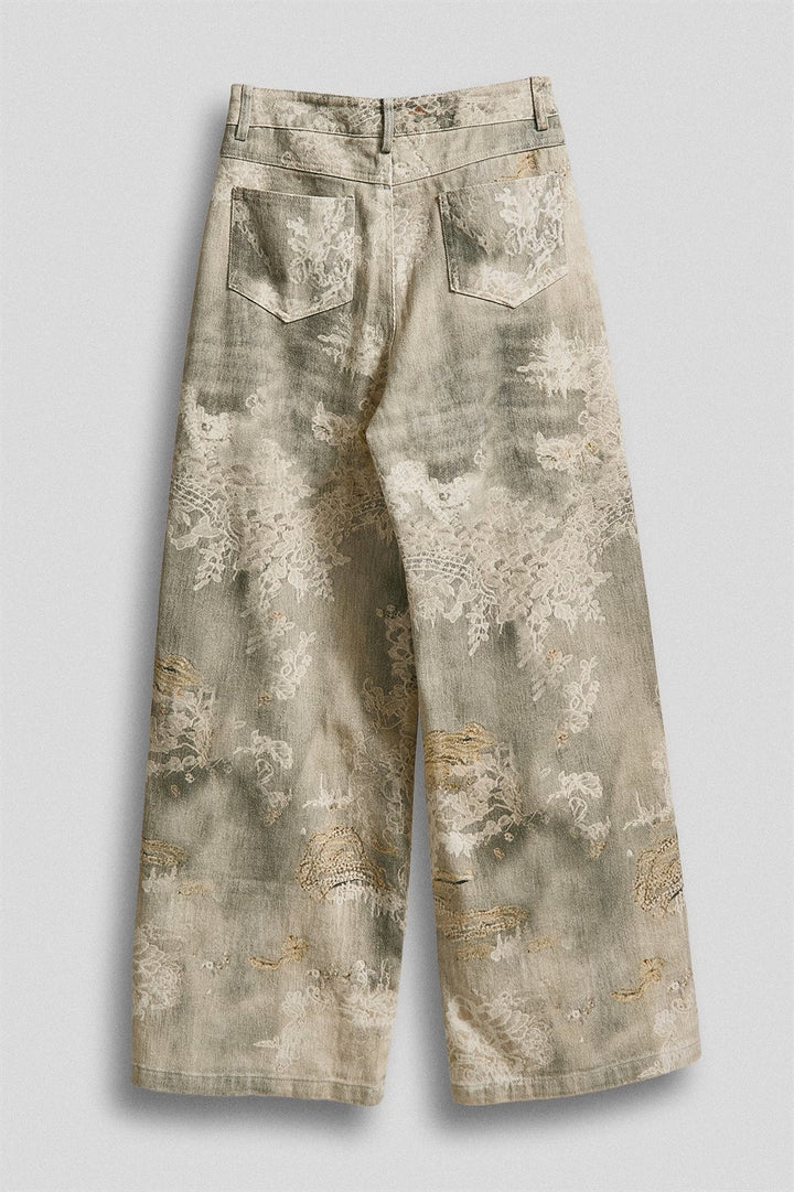 Wide Leg Cotton Pants in Faded Vintage Lace Print in Cream Green - Women's Wholesale Pants | Trend Notes