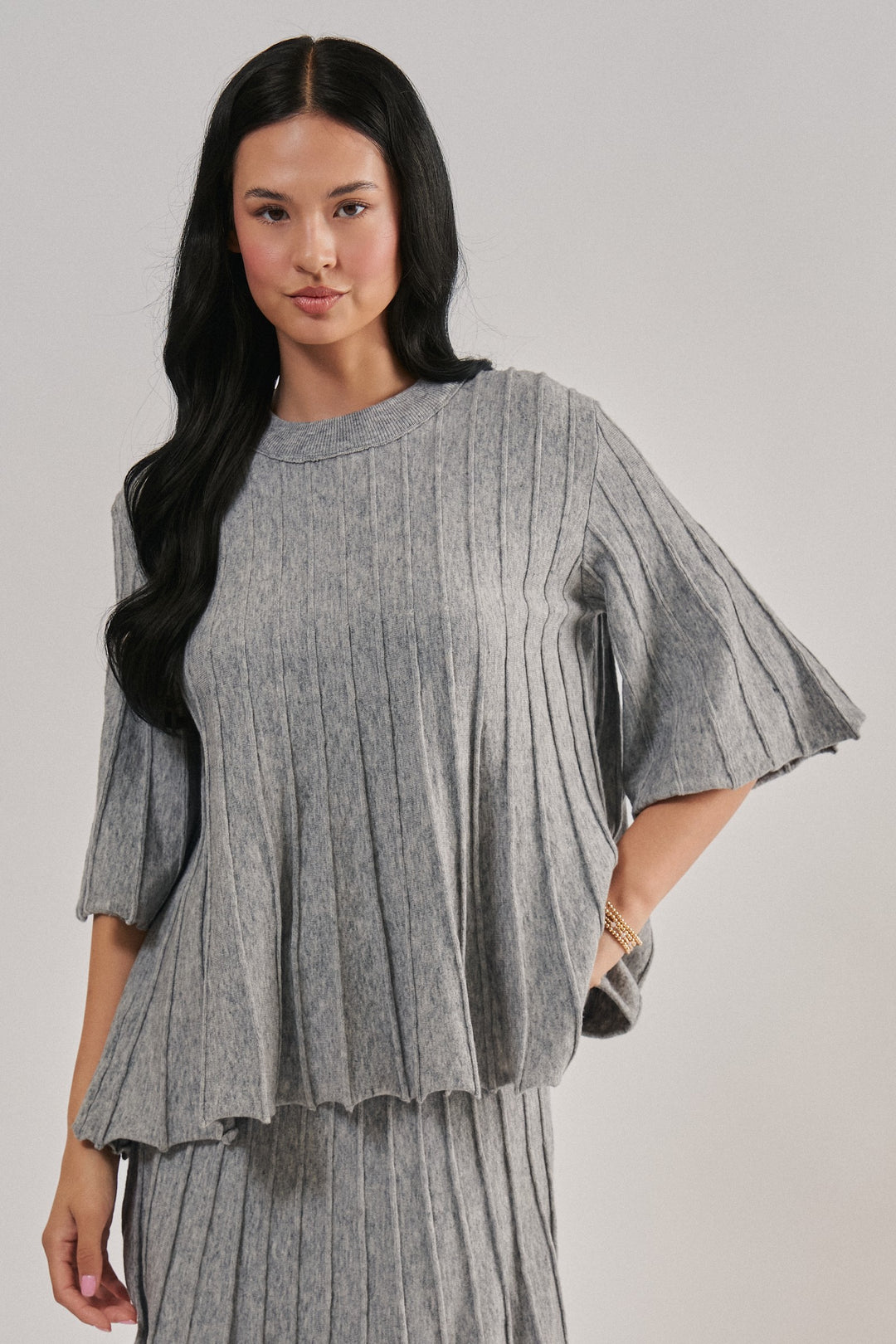 Pleated Swing Sweater Knit Top with Bell Sleeves in Grey - Women's Wholesale Sweaters | Trend Notes