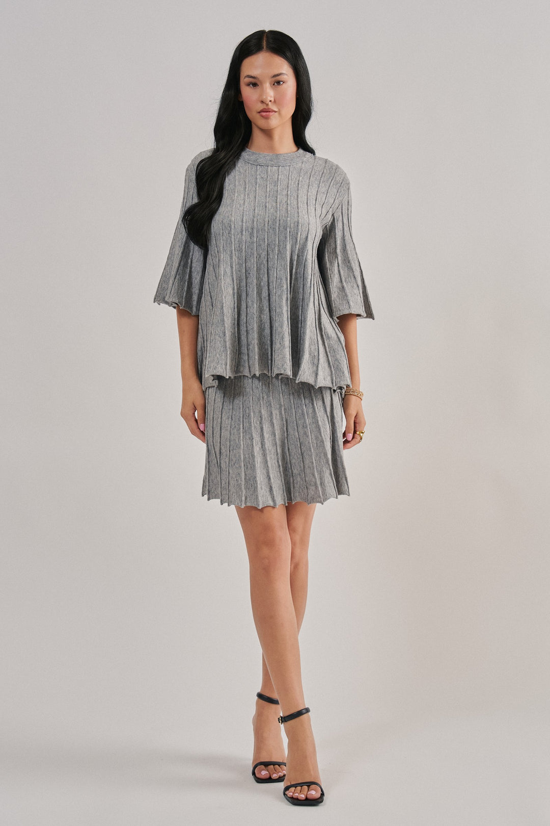 Pleated Swing Sweater Knit Top with Bell Sleeves in Grey - Women's Wholesale Sweaters | Trend Notes