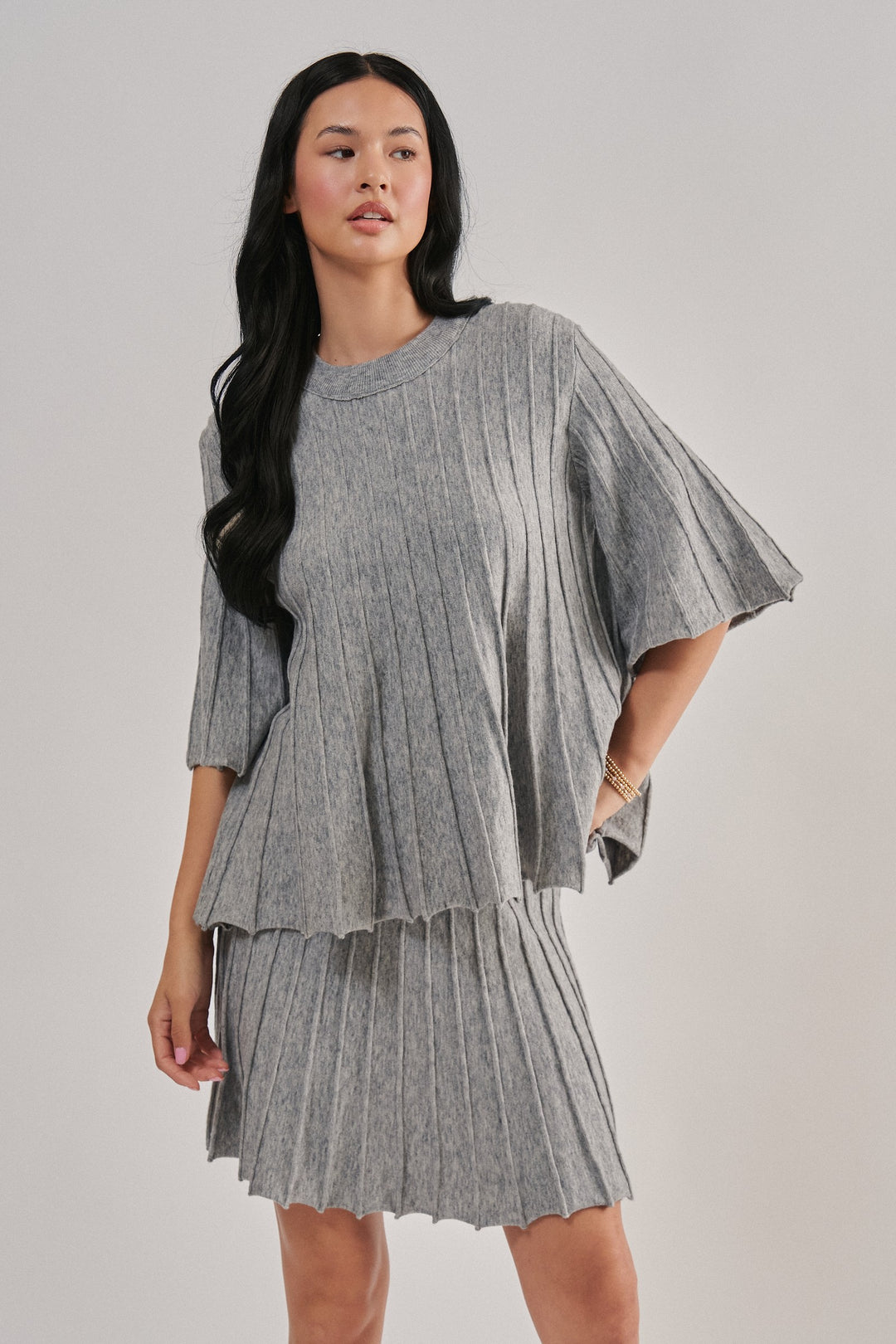 Pleated Swing Sweater Knit Top with Bell Sleeves in Grey - Women's Wholesale Sweaters | Trend Notes