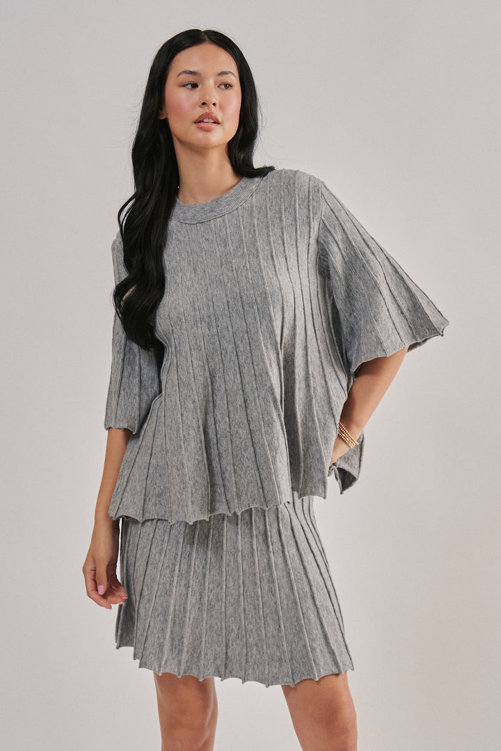Pleated Swing Sweater Knit Top with Bell Sleeves in Grey - Women's Wholesale Sweaters | Trend Notes