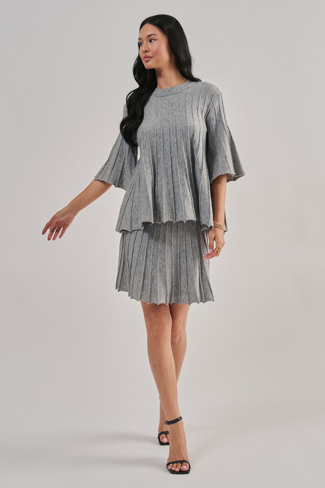 Pleated Swing Sweater Knit Top with Bell Sleeves in Grey - Women's Wholesale Sweaters | Trend Notes