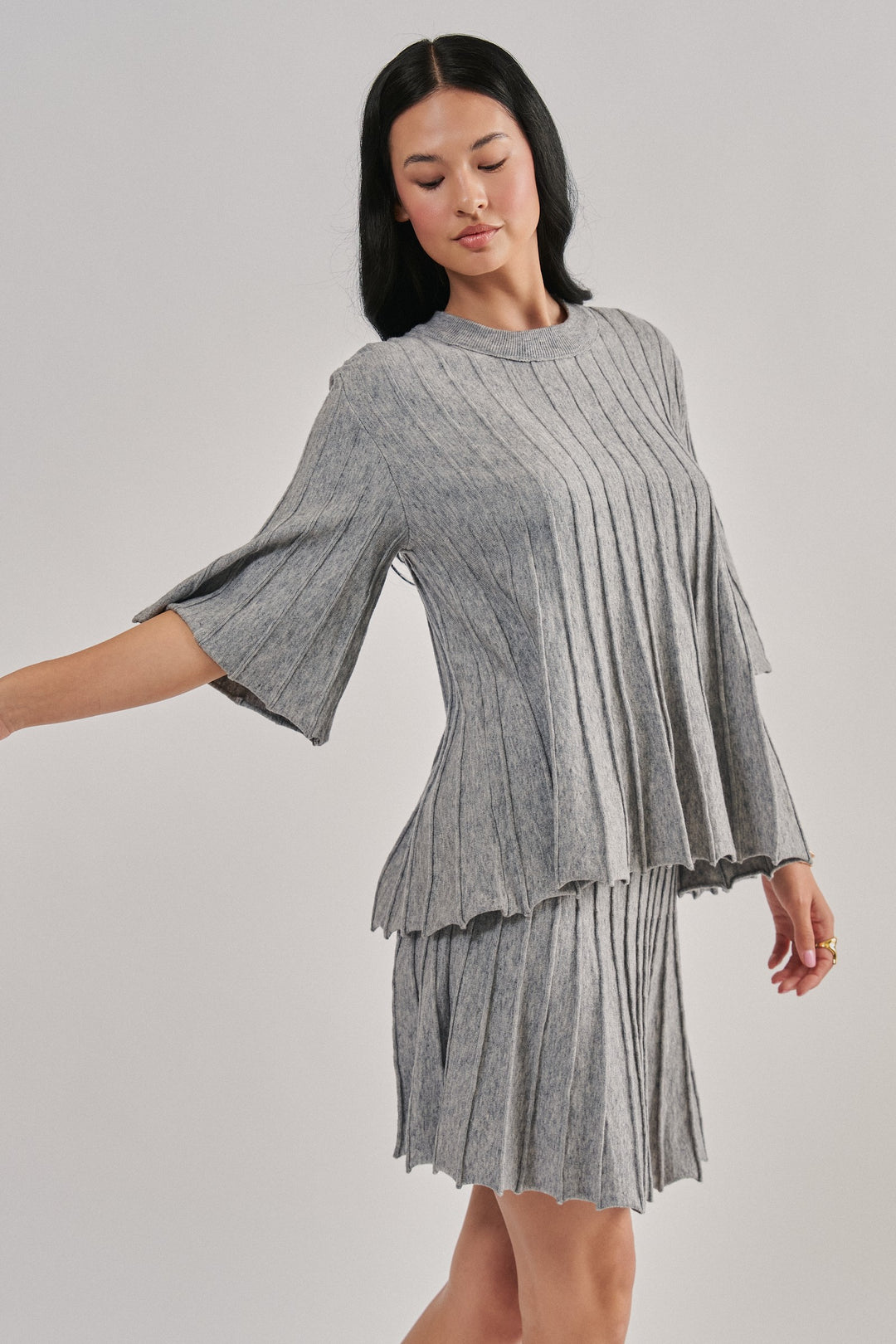 Pleated Swing Sweater Knit Top with Bell Sleeves in Grey - Women's Wholesale Sweaters | Trend Notes