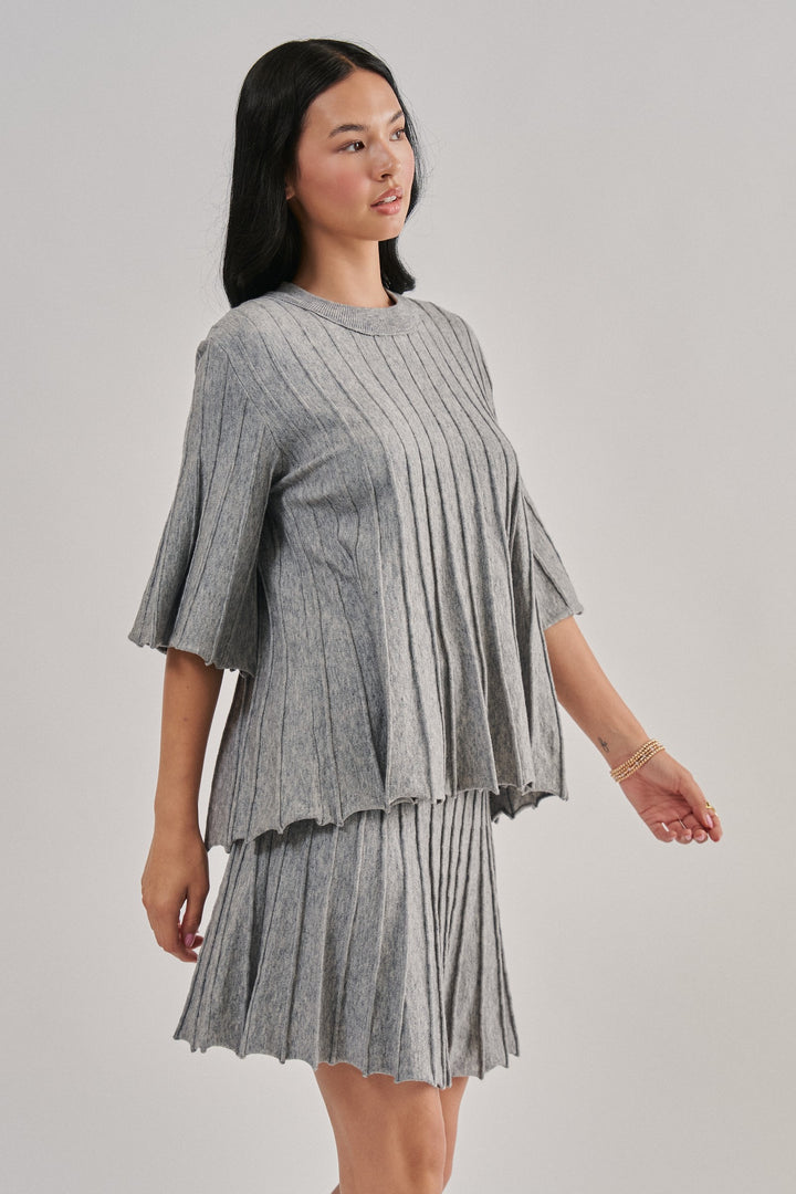 Pleated Swing Sweater Knit Top with Bell Sleeves in Grey - Women's Wholesale Sweaters | Trend Notes