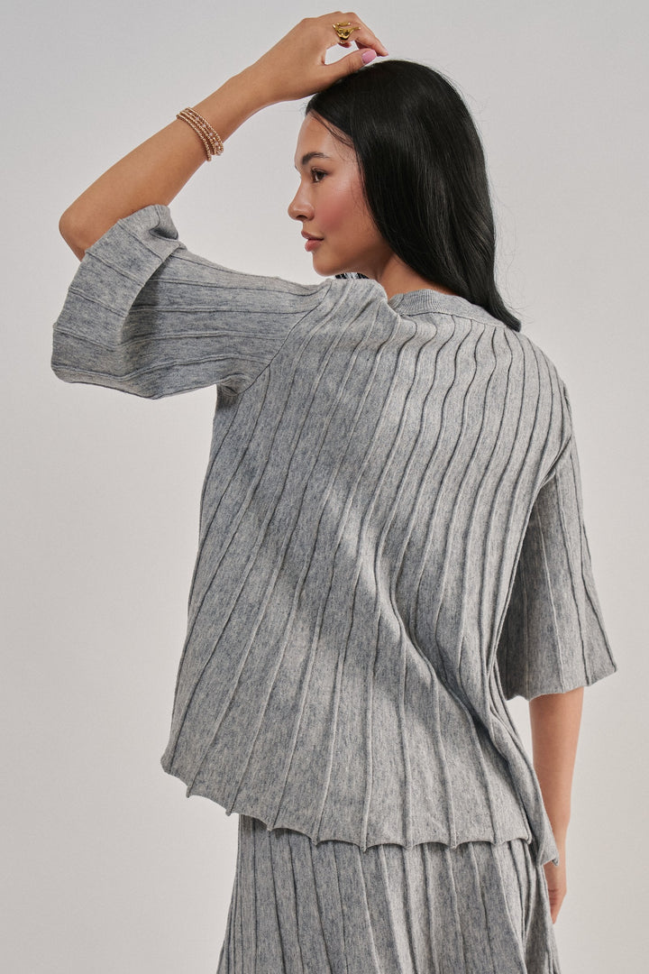 Pleated Swing Sweater Knit Top with Bell Sleeves in Grey - Women's Wholesale Sweaters | Trend Notes