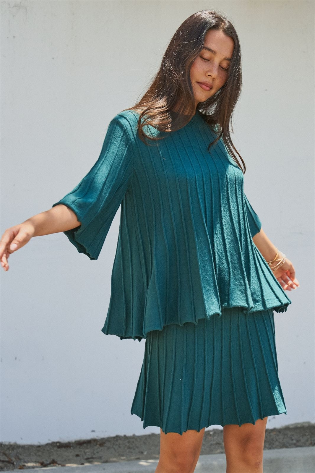 Pleated Swing Sweater Knit Top with Bell Sleeves in Teal Green - Women's Wholesale Sweaters | Trend Notes