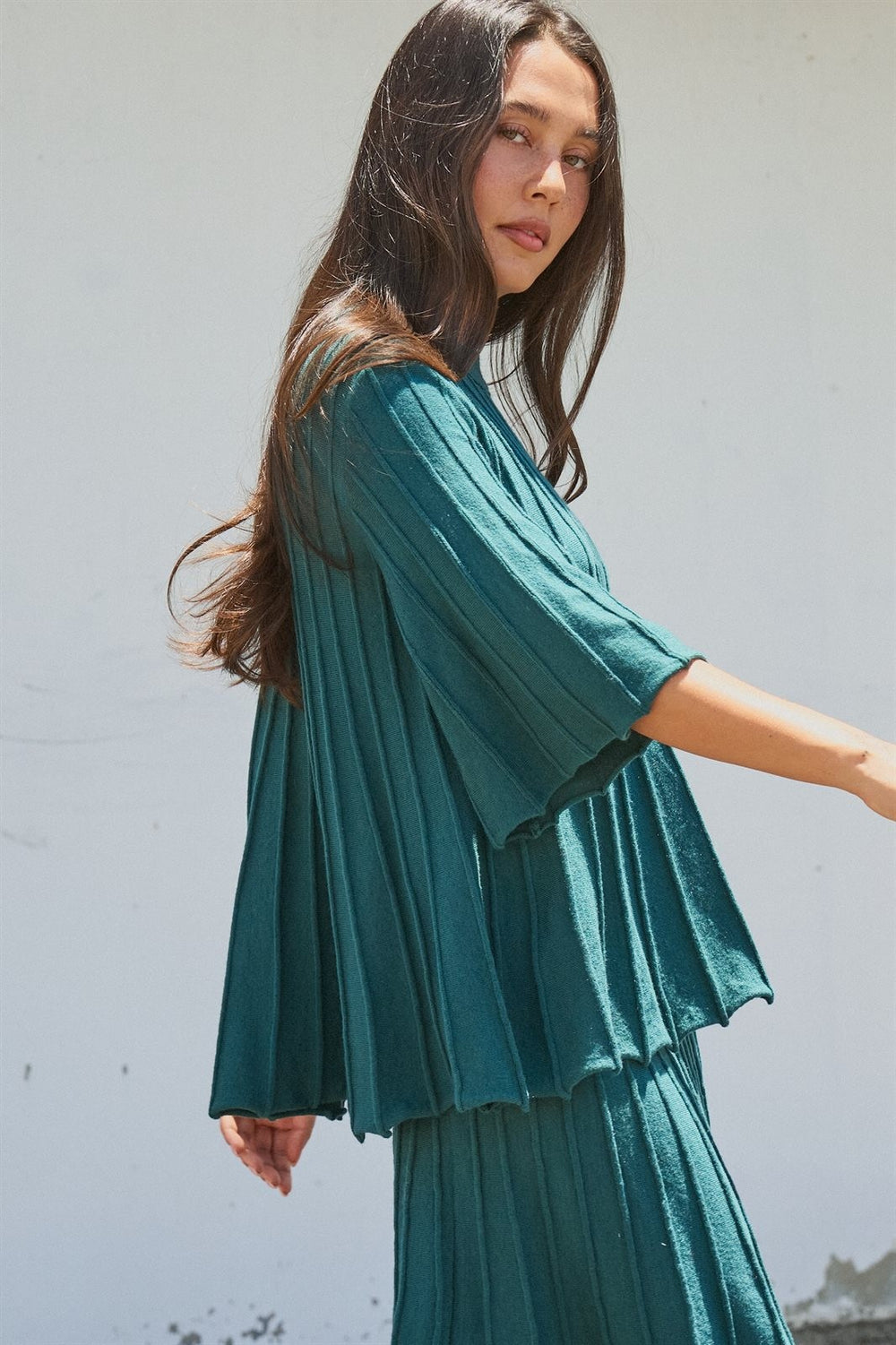 Pleated Swing Sweater Knit Top with Bell Sleeves in Teal Green - Women's Wholesale Sweaters | Trend Notes