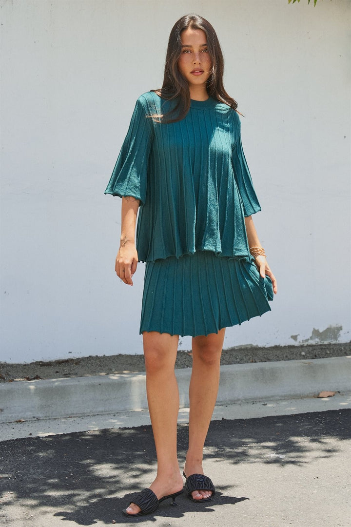 Pleated Swing Sweater Knit Top with Bell Sleeves in Teal Green - Women's Wholesale Sweaters | Trend Notes