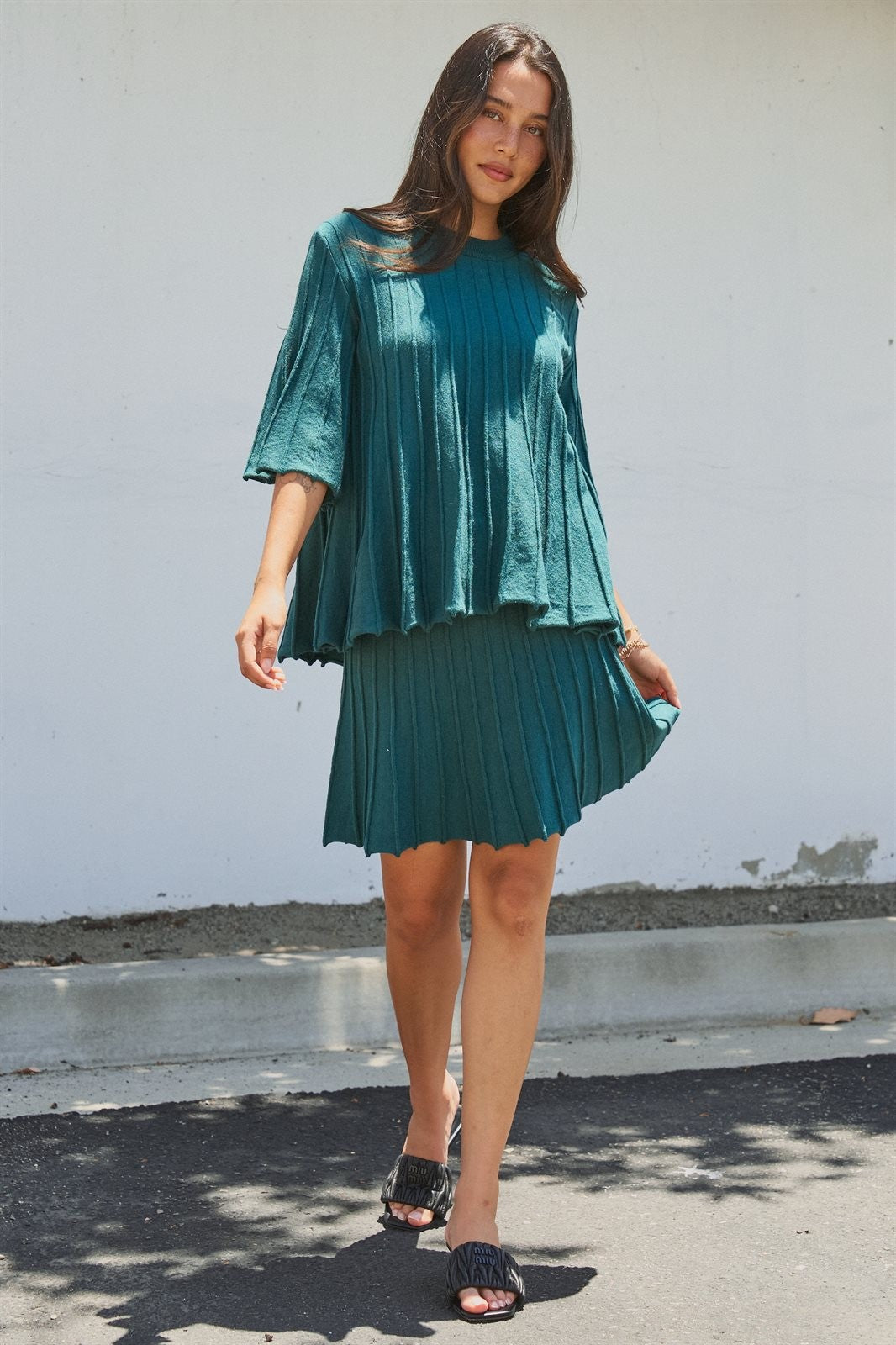 Pleated Swing Sweater Knit Top with Bell Sleeves in Teal Green - Women's Wholesale Sweaters | Trend Notes