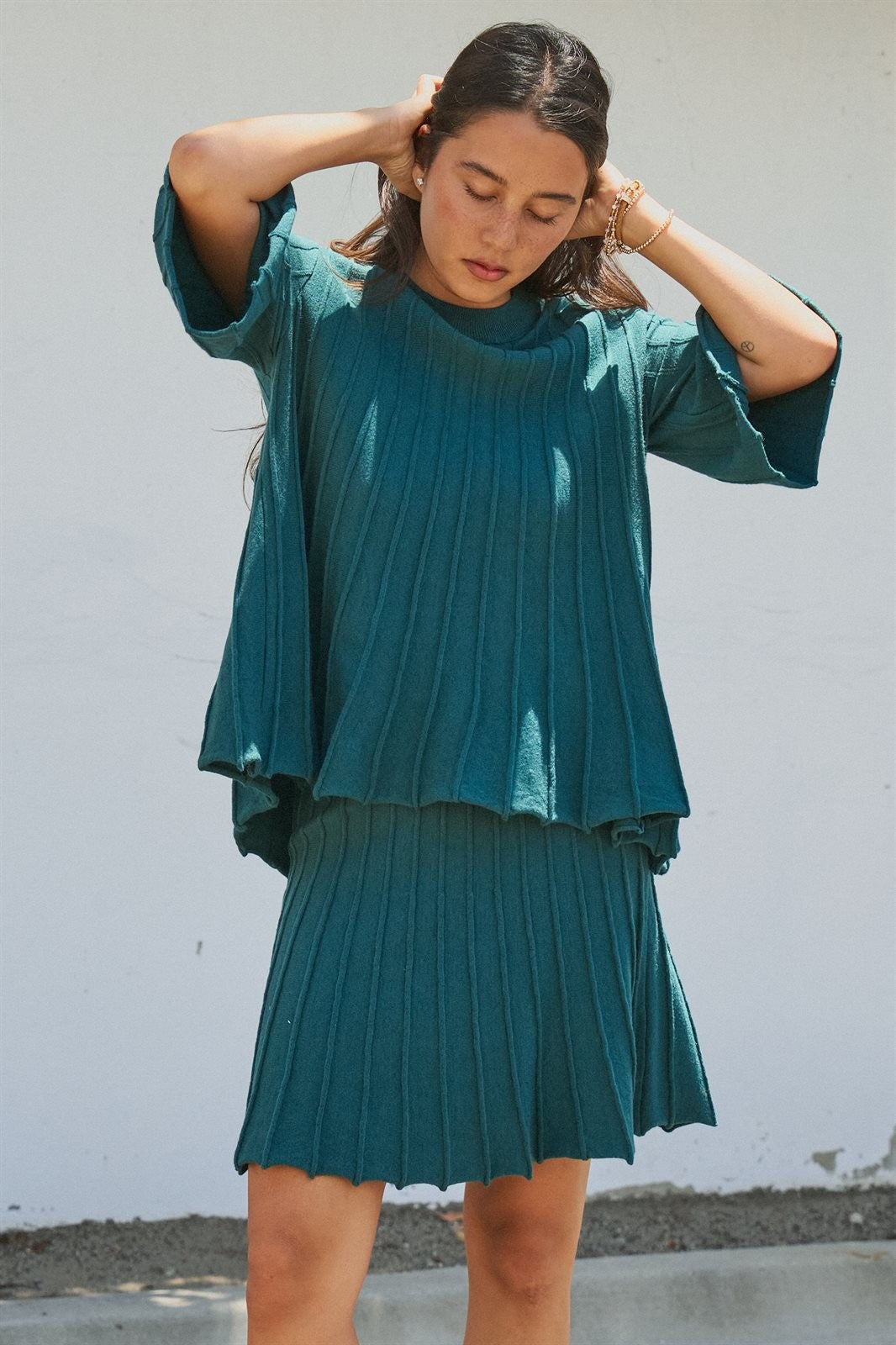 Pleated Swing Sweater Knit Top with Bell Sleeves in Teal Green - Women's Wholesale Sweaters | Trend Notes
