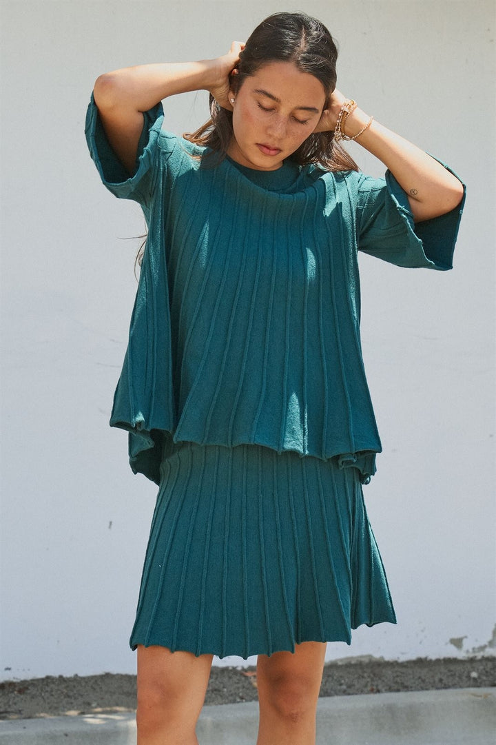 Pleated Swing Sweater Knit Top with Bell Sleeves in Teal Green - Women's Wholesale Sweaters | Trend Notes