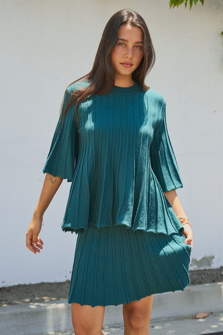 Pleated Swing Sweater Knit Top with Bell Sleeves in Teal Green - Women's Wholesale Sweaters | Trend Notes