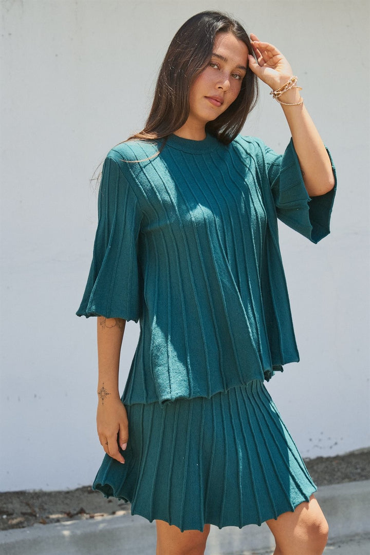 Pleated Swing Sweater Knit Top with Bell Sleeves in Teal Green - Women's Wholesale Sweaters | Trend Notes