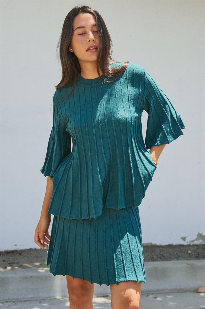 Pleated Swing Sweater Knit Top with Bell Sleeves in Teal Green - Women's Wholesale Sweaters | Trend Notes