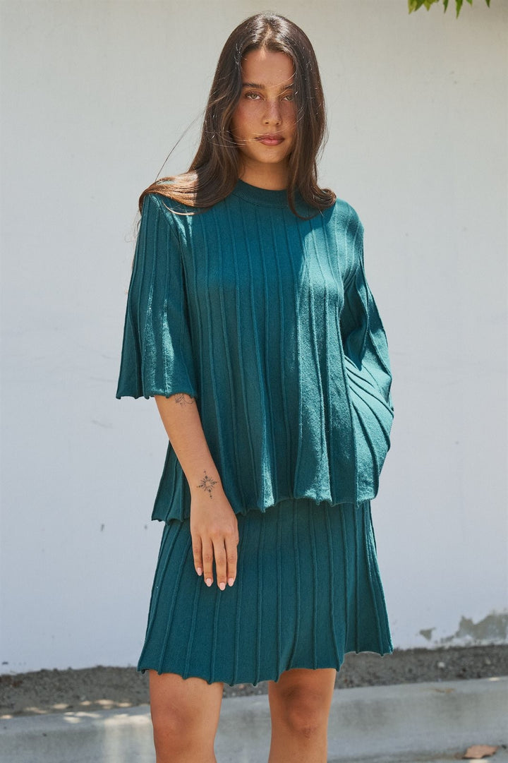 Pleated Swing Sweater Knit Top with Bell Sleeves in Teal Green - Women's Wholesale Sweaters | Trend Notes