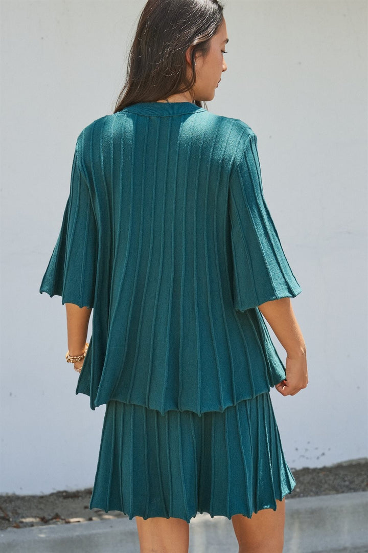 Pleated Swing Sweater Knit Top with Bell Sleeves in Teal Green - Women's Wholesale Sweaters | Trend Notes