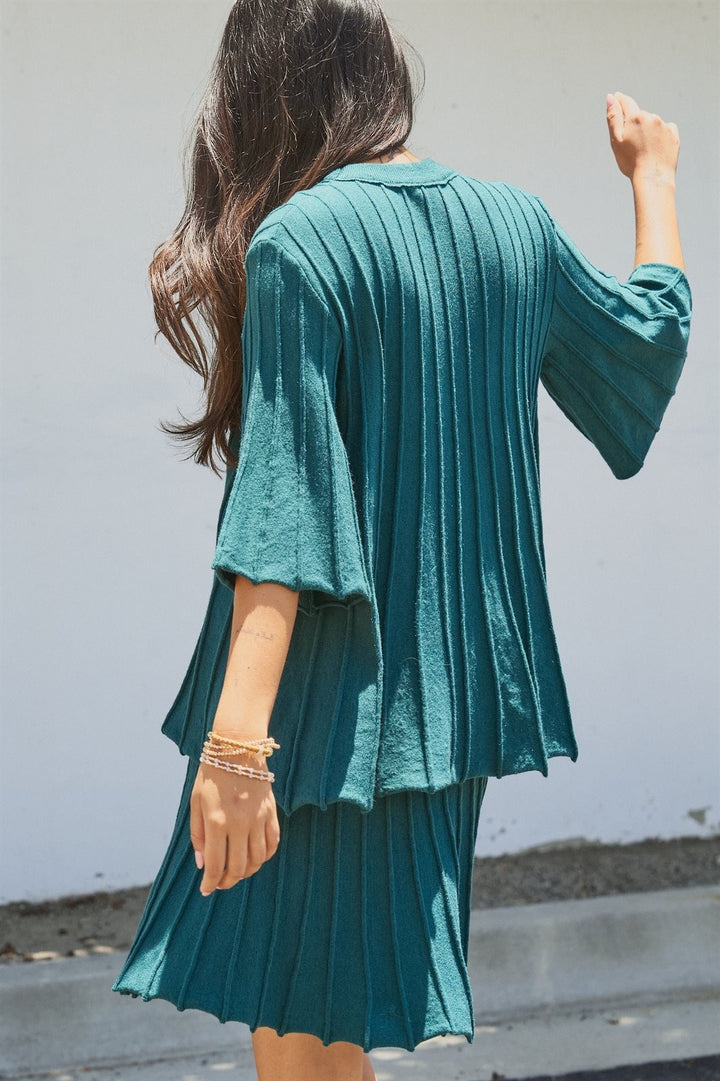 Pleated Swing Sweater Knit Top with Bell Sleeves in Teal Green - Women's Wholesale Sweaters | Trend Notes