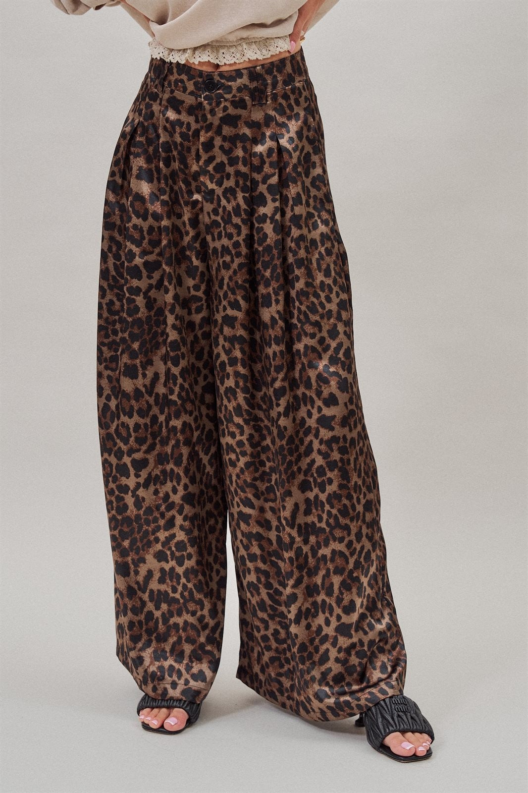 Leopard Print Satin Wide Leg Trousers in Leopard - Women's Wholesale Pants | Trend Notes