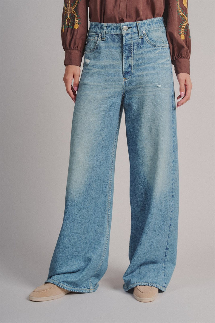 Faux Denim Print French Terry Wide Leg Pants with Flared Hem in Denim - Women's Wholesale Casual Pants | Trend Notes