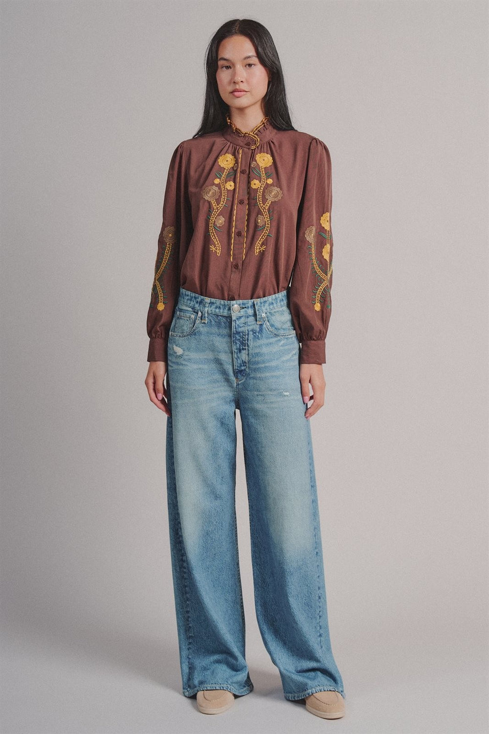 Faux Denim Print French Terry Wide Leg Pants with Flared Hem in Denim - Women's Wholesale Casual Pants | Trend Notes