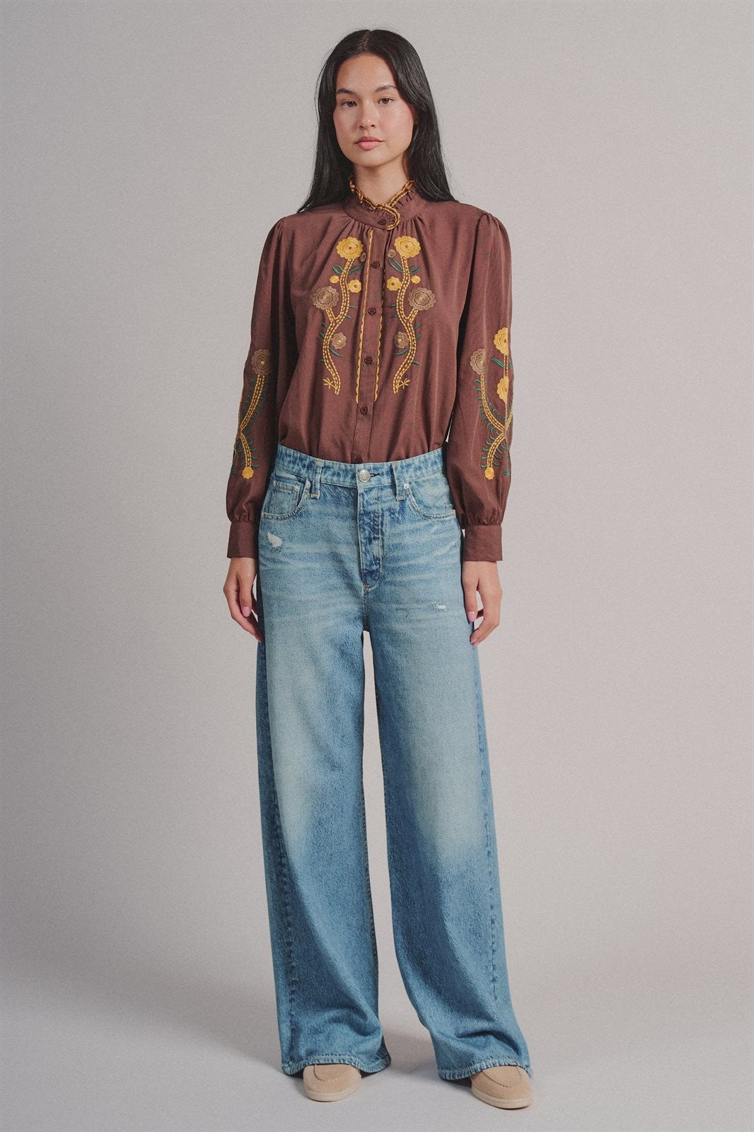 Faux Denim Print French Terry Wide Leg Pants with Flared Hem in Denim - Women's Wholesale Casual Pants | Trend Notes