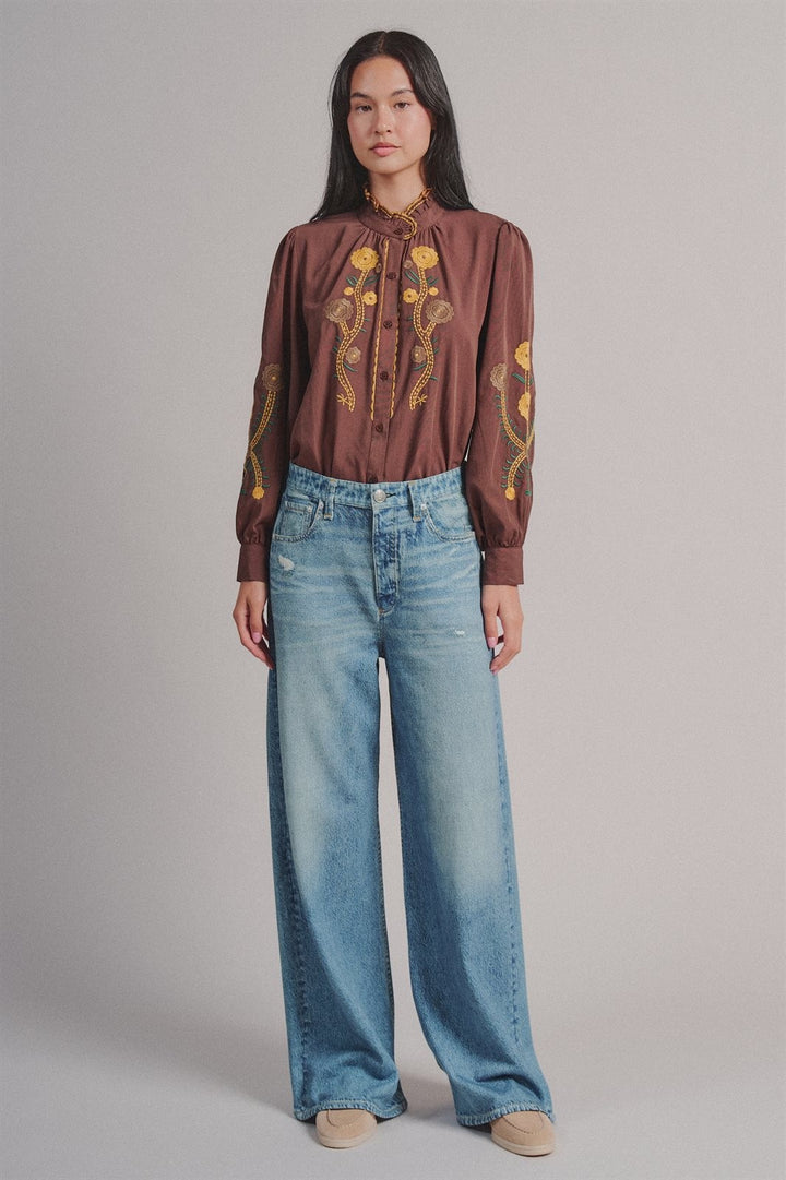 Faux Denim Print French Terry Wide Leg Pants with Flared Hem in Denim - Women's Wholesale Casual Pants | Trend Notes