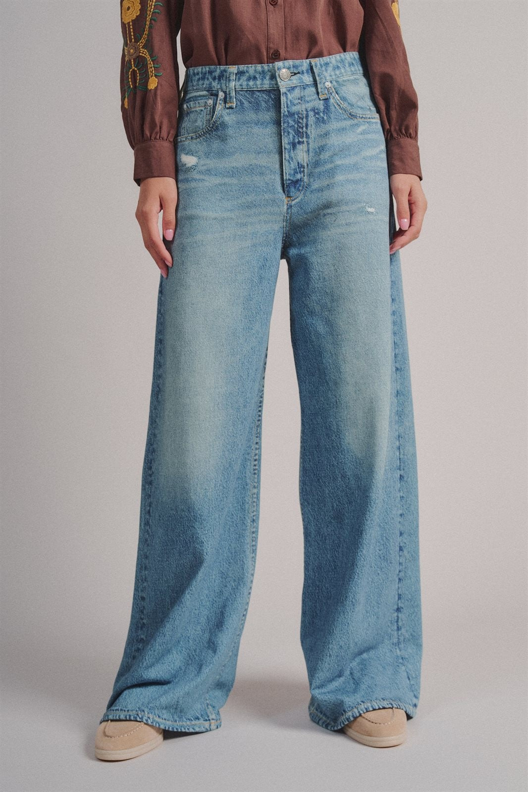 Faux Denim Print French Terry Wide Leg Pants with Flared Hem in Denim - Women's Wholesale Casual Pants | Trend Notes