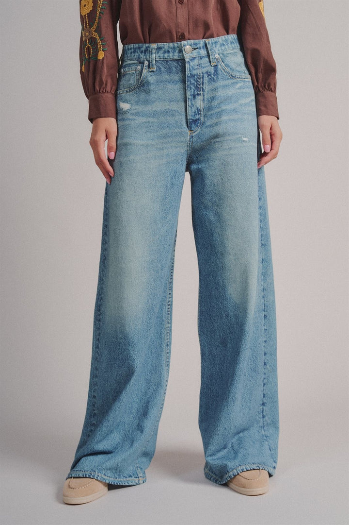 Faux Denim Print French Terry Wide Leg Pants with Flared Hem in Denim - Women's Wholesale Casual Pants | Trend Notes